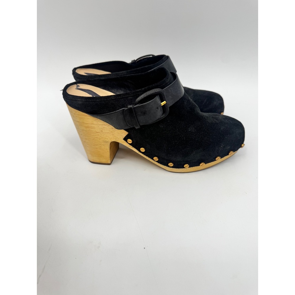 Veronica Beard Clogs Women Size 9 Black Suede Studded Buckle Wooden Heel